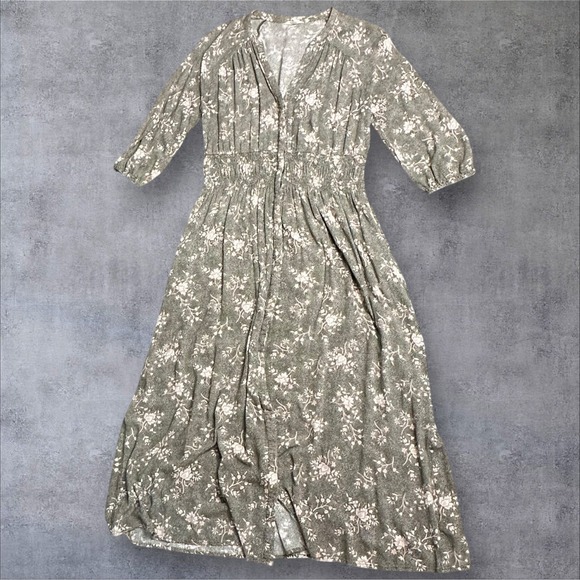 Caslon Women's Floral Print Midi Dress Size M Gray Pink Boho Peasant Style - Picture 5 of 13